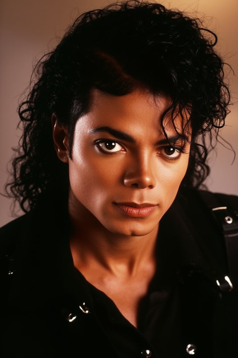 A close-up portrait of Michael Jackson, capturing his iconic features and unique style. The lighting is soft and warm, highlighting his smooth skin and striking facial structure. He is looking directly into the camera with a confident, enigmatic expression. The background is minimalistic, with subtle tones that complement his presence, ensuring the focus remains on his face and persona.