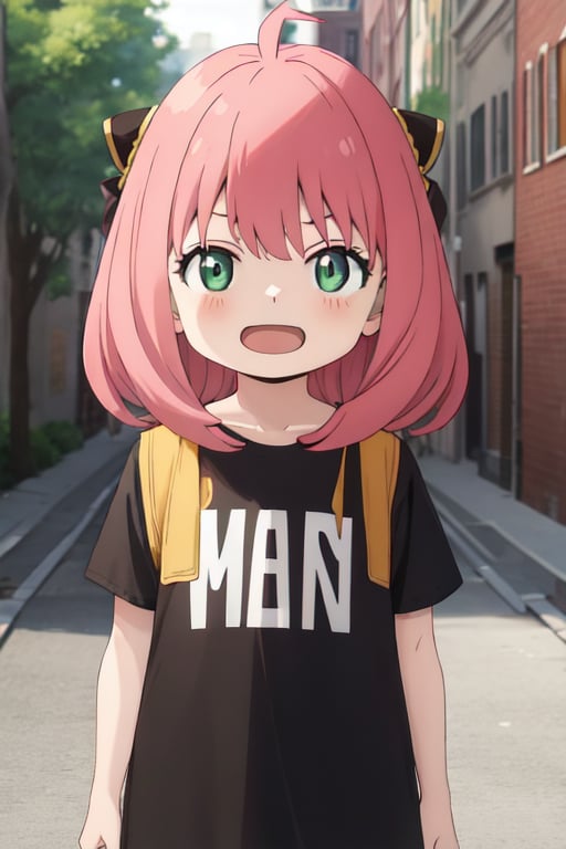 Best Quality, Masterpiece, Hi-Res, Solo, (anya_forger_spyxfamily:1.15), Pink Hair, Female Child, Child, Green Eyes, Open Mouth, Bangs, (1 Girl), Closed Mouth, Meme, Ahoge, Upper Body , medium hair
