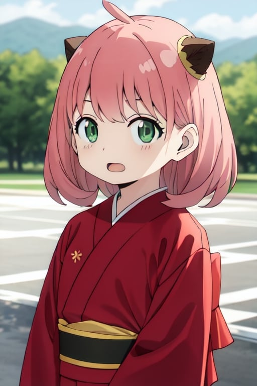 Best Quality, Masterpiece, Hi-Res, Solo, (anya_forger_spyxfamily:1.15), Pink Hair, Green Eyes, Open Mouth, Bangs, 1 Girl, Closed Mouth, Meme, Ahoge, Upper Body , medium hair, 16 years old, xd, kimono, landscapes,