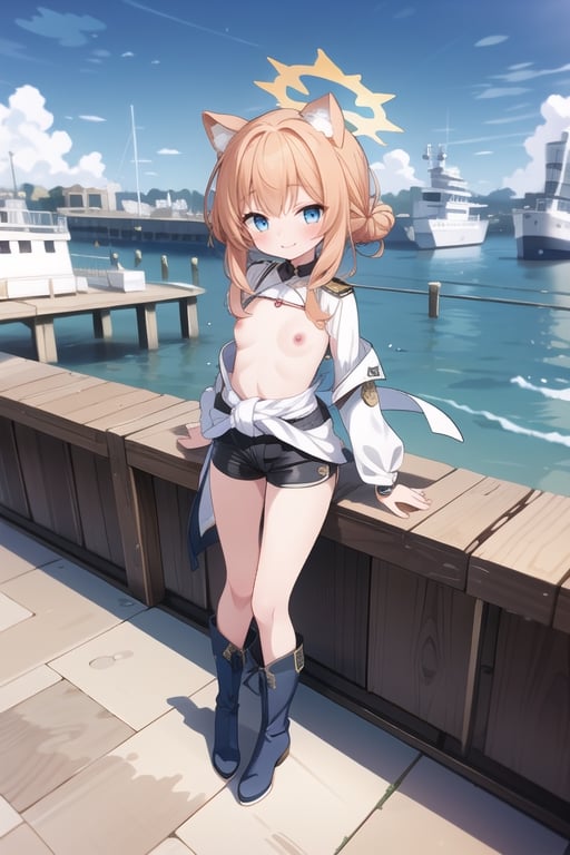 1 girl,
All-white military uniform, all-white shirt, medal, white tight shorts, background next to the port, pier, navy sword hanging on the waist, daytime, looking at the audience, full body photo, white boots, background of the ship,
,Elegant,shy,charming, sexy, Bracelets,bun,smile,blush, blue eyes,bangs, animal ears, thighs, small breasts, orange hair,halo, habits,mari (blue archive)