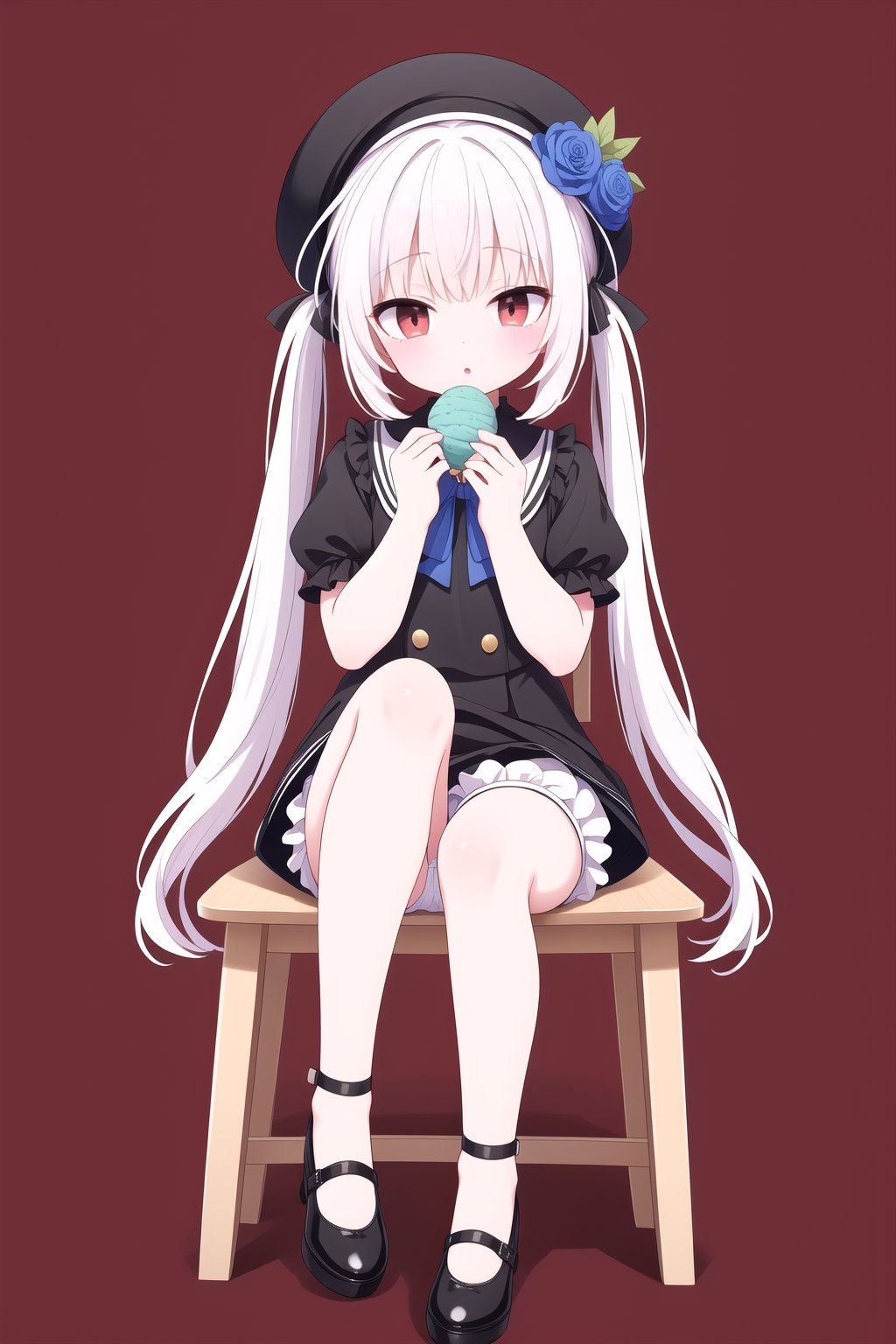 1girl, solo, long hair, looking at viewer,Dessert cabinet background, white hair,bangs,Poker face,wooden tables and chairs,skirt, simple background, shirt, red eyes, hat, bow, holding, sitting, very long hair, underwear,full body, white shirt, flower, short sleeves, detached sleeves, food, shoes, puffy sleeves, grey background, black footwear, black headwear,low twintails, holding food, knees up,blue flower, bloomers,white bloomers,outline