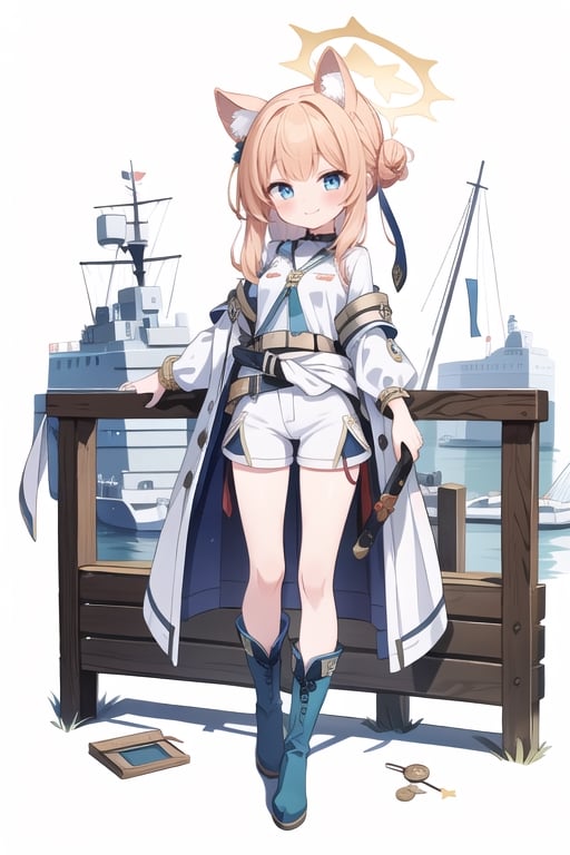 1 girl,
All-white military uniform, all-white shirt, medal, white tight shorts, background next to the port, pier, navy sword hanging on the waist, daytime, looking at the audience, full body photo, white boots, background of the ship,
,Elegant,shy,charming, sexy, Bracelets,bun,smile,blush, blue eyes,bangs, animal ears, thighs, small breasts, orange hair,halo, habits,mari (blue archive)