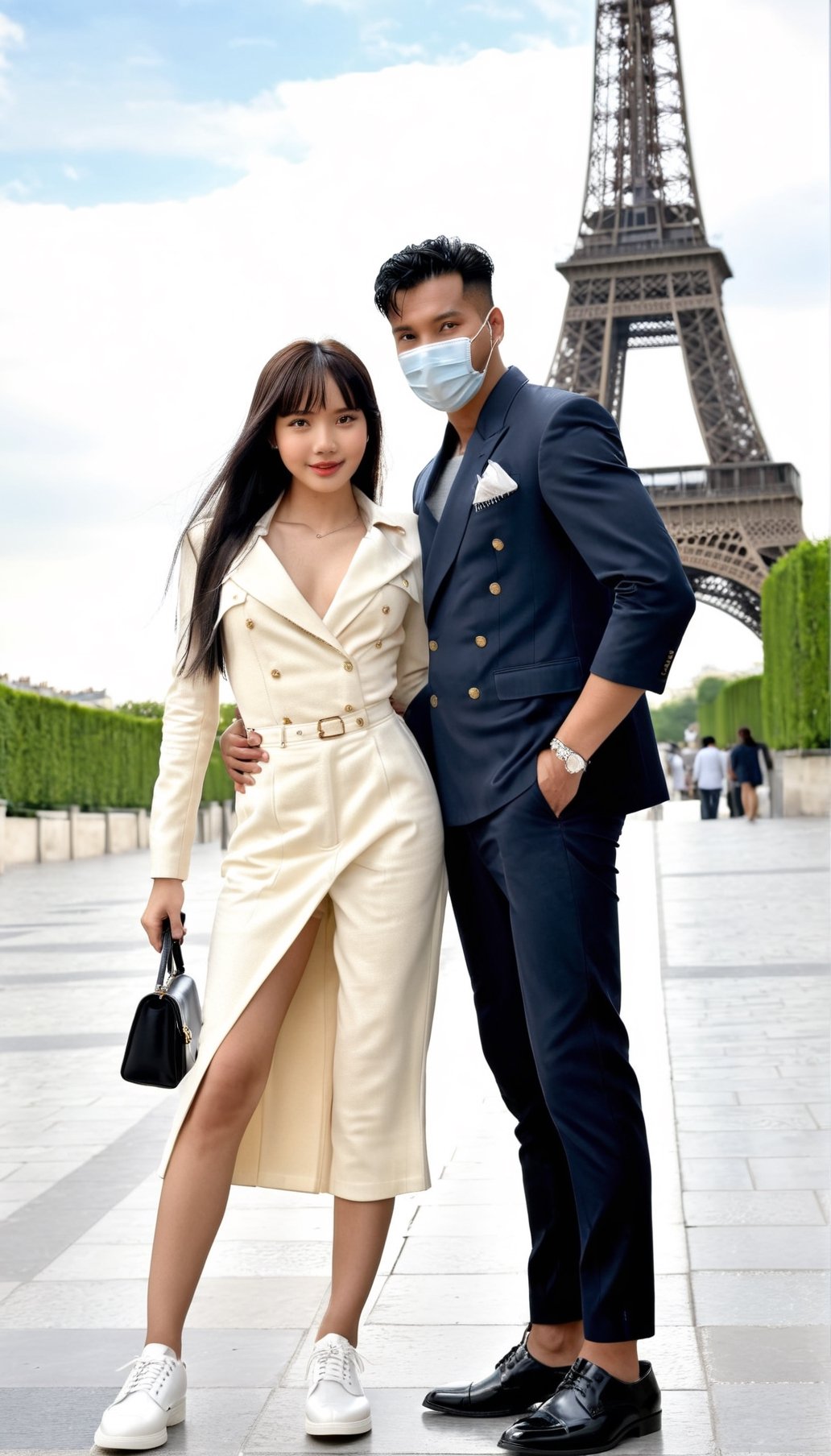 young couple, same height, equal body shape, on holiday in Paris, near the Effel Tower, afternoon, beautiful and handsome, wearing a long dress, man wearing trousers, wearing shoes, woman with long bangs, looking at the camera, the best young couple, face actually Indonesian people,lalalalisa_m