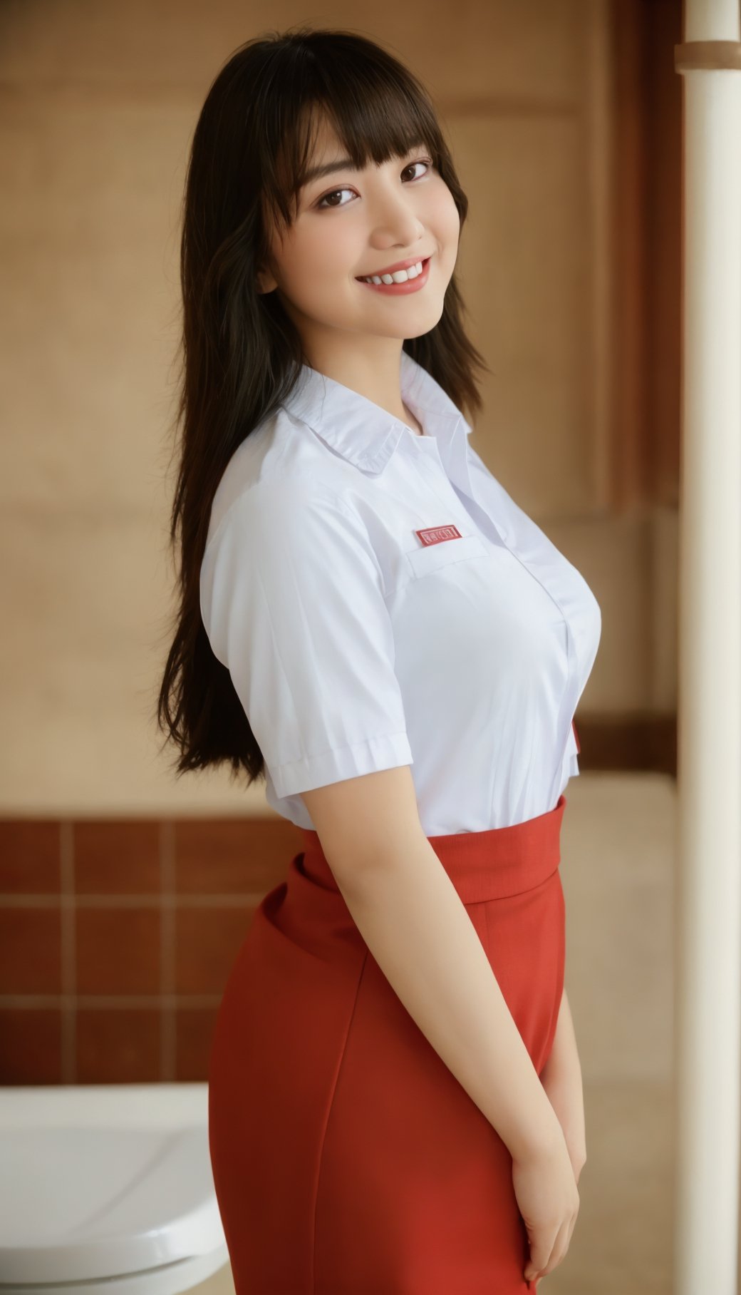 cinematic photo cinematic film still sm4c3w3k,red fabric, red fabric,full body  photo of the most beautiful woman in the world wearing the sm4c3w3k, fingered collared shirt, short sleeves, skirt red, pocket, . shallow depth of field, vignette, highly detailed, high budget,above the toilet movie, bokeh, cinemascope, moody, epic, gorgeous, film grain, grainy . 35mm photograph, film, bokeh, professional, 4k, highly detailed,5 fingered,smile,hair bangs.