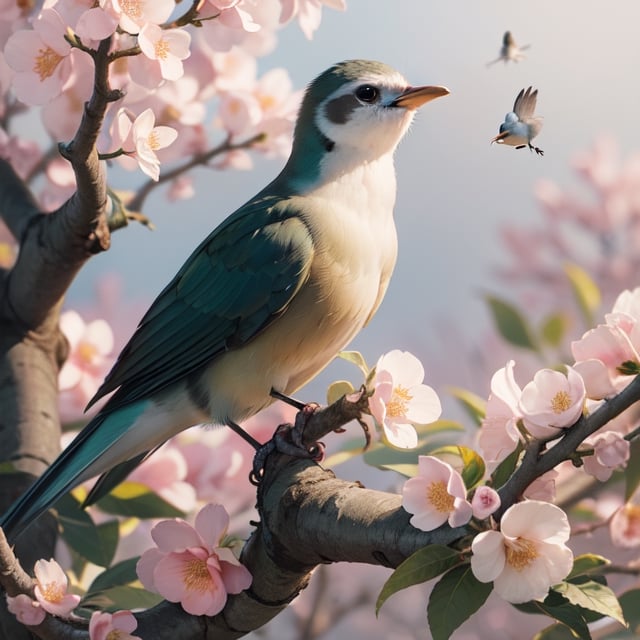  A little beautiful singing bird sitting on the blooming peach tree in the evening sings with many notes. Musical notes of different colors and sizes fly in the air Catherine Abel style 