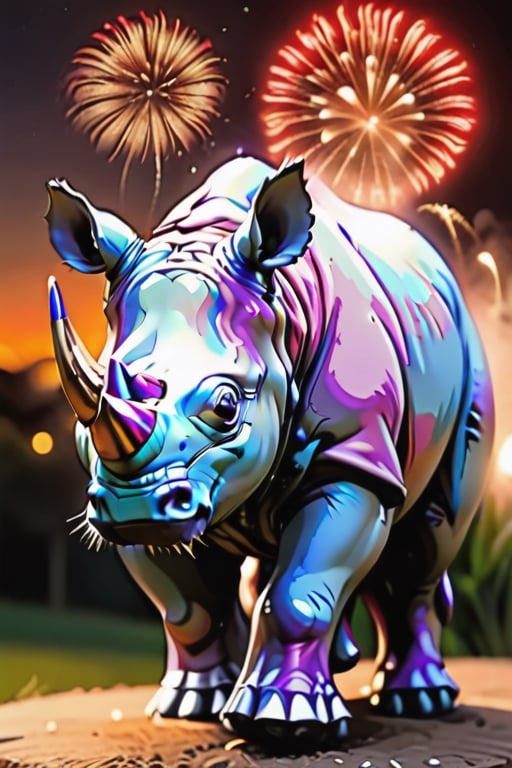 rhinoceros, multicolored, night, fireworks ,v0ng44g,aw0k euphoricred style