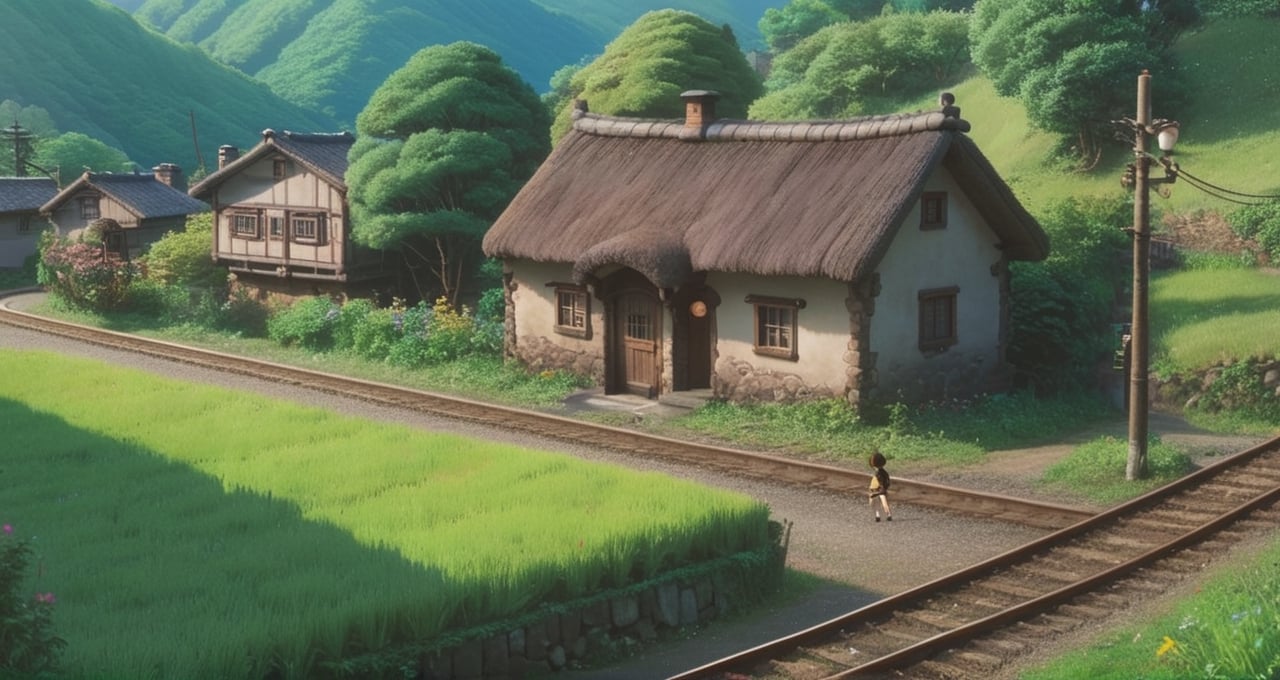 rural village,locomotive passing by,studio ghibli scenery,perfect,8K,best quality,(best art:1.1),girl with short brown hair and beautiful detailed eyes