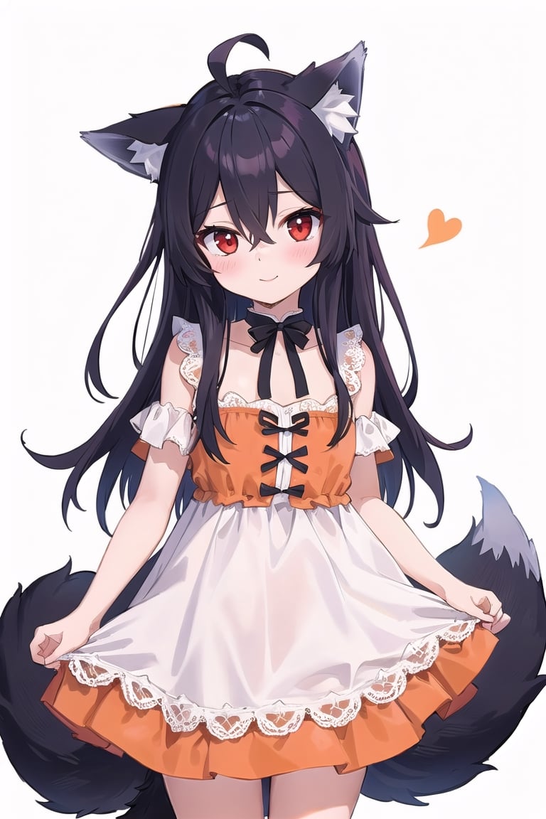 High quality, flawless, perfect, medieval, masterpiece, girl, young, cute, orange, long hair, red eyes, hair between eyes, wolf ears, (wolf tail), lively, pretending to be cute
,confidence,dress,simple