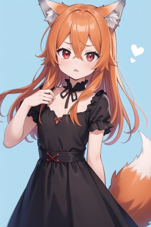 High quality, flawless, perfect, medieval, masterpiece, girl, young, cute, orange hair, long hair, red eyes, hair between eyes, wolf ears, (wolf tail), lively, pretending to be cute, confident, raised eyebrows, dress ,simple