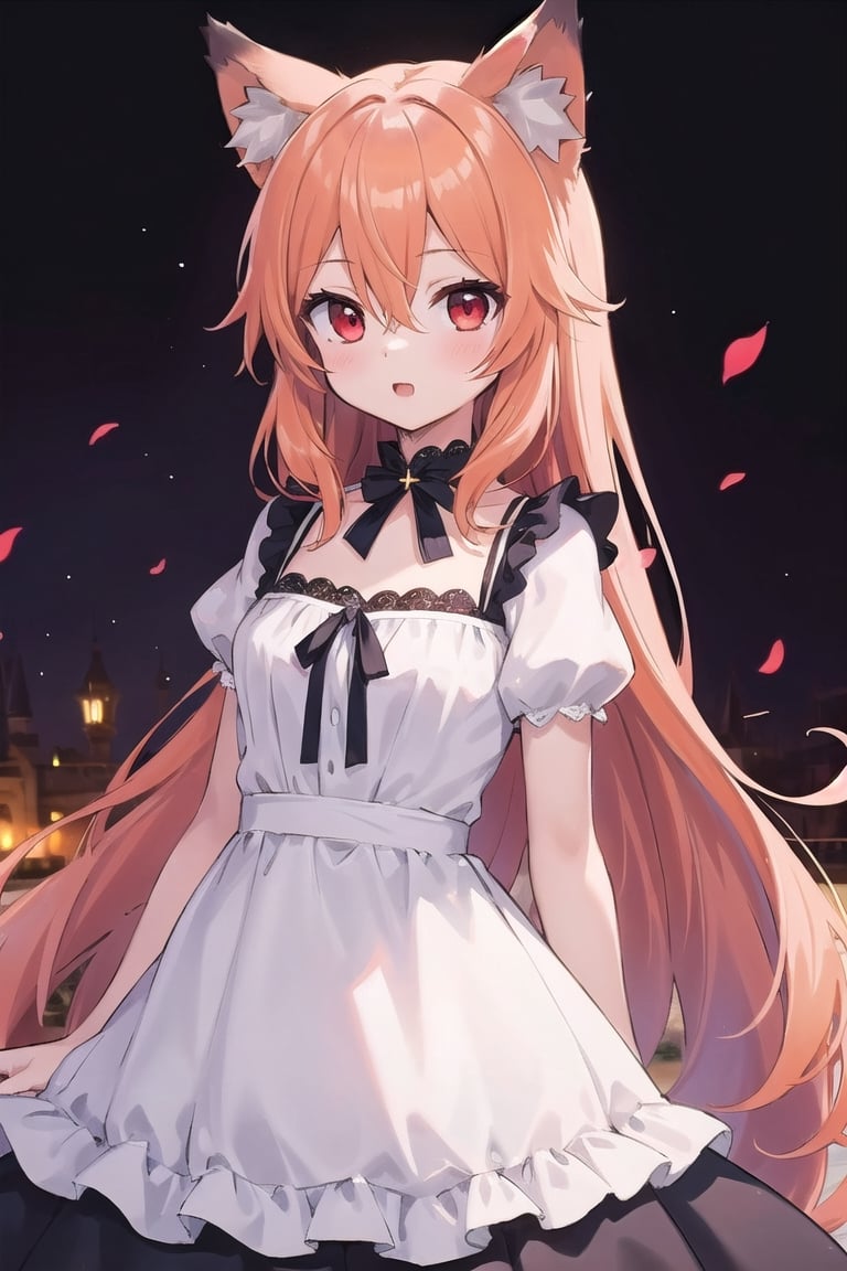 High quality, flawless, perfect, medieval, masterpiece, girl, young, cute, orange, long hair, red eyes, hair between eyes, wolf ears, lively, confident, dress, simple