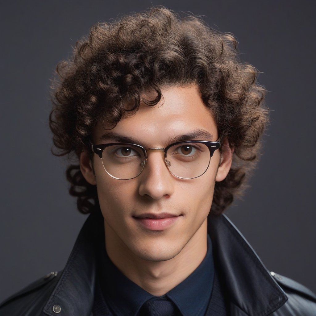 Portrait of a young man with curly dark hair, wearing glasses and a dark jacket. A man looks into the camera.