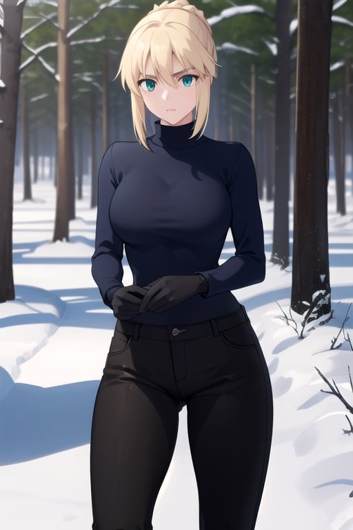 Artoria Pendragon, green eyes, blond hair, best quality, high resolution, unity 8k wallpaper, (illustration:0.8), (beautiful detailed eyes:1.6), extremely detailed face, perfect lighting, extremely detailed CG, (perfect hands, perfect anatomy), only one person, busty, walking in a park, under the shade of many trees, hair tied up like a ponytail, with a long black winter sweatshirt with a high neck over the pants, with women's winter pants, tight clothing, black gloves, with a lot of snow