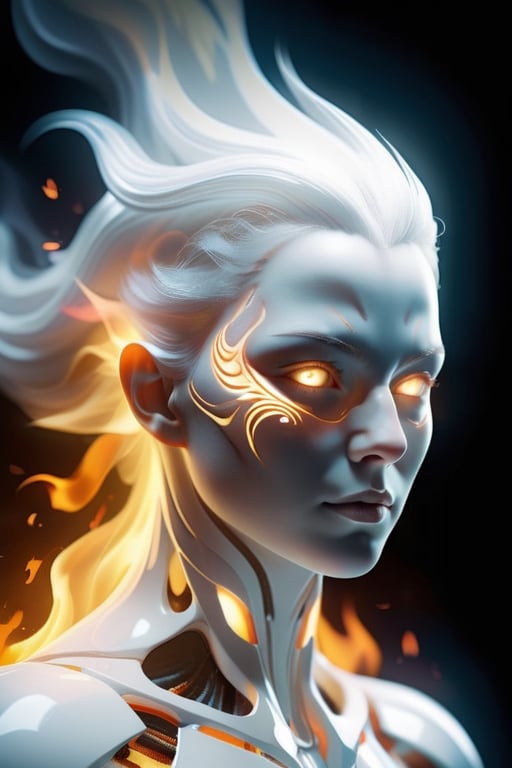 a bust portrait of a nice woman with a white fire on his face, fire gold eyes, looking softly to camera, unisex with flat breasts, wearing glossy latex, beautiful face, ethereal, digital art by tomasz alen kopera, a vfx art made in after effects, linear thin lines, trending on Artstation, digital art, ghost of the white fire spirit, white fire elemental, kind god, hair made of white fire, white fire gods, body made of white fire