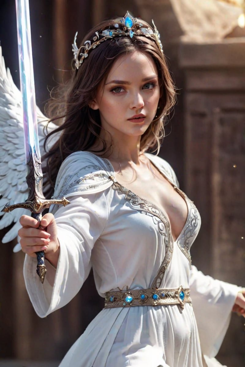 cosplay style,woman, angel  flowing dark brown hair and grey eyes, she is wearing a jewelled tiara, she holds  glowing engraved sword in right hand,  elegant white robes, detailed illustration, digital art, overdetailed art, concept art,sharp focus,(ultra beautyfull & details eyes & face), full character,full body art,extreme  body,dynamic pose,[((dynamic pose with cancer,[rear view,close-up],))] character concept, long hair, full body sexy shot, highly saturated colors,fantasy character, detailed illustration, hd, 8k, digital art, Dan Mumford, Krzysztof Maziarz, trending on artstation
,AngelicStyle