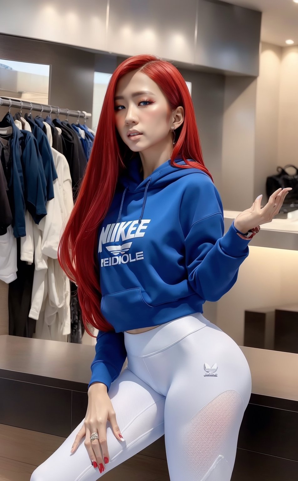 masterpiece , best quuality, 1 girl, delicate, masterpiece, beautiful detailed, long red hair , random colorful, finely detailed, detailed lips, intricate details, shiny skin, big breasts, Korean girl with long red hair and blue eyes Wear a white Adidas cropped long-sleeved hoodie. Red Nike tight pants white nike shoes Standing in a Nike store,Young beauty spirit ,face JeeSoo,wonder beauty 