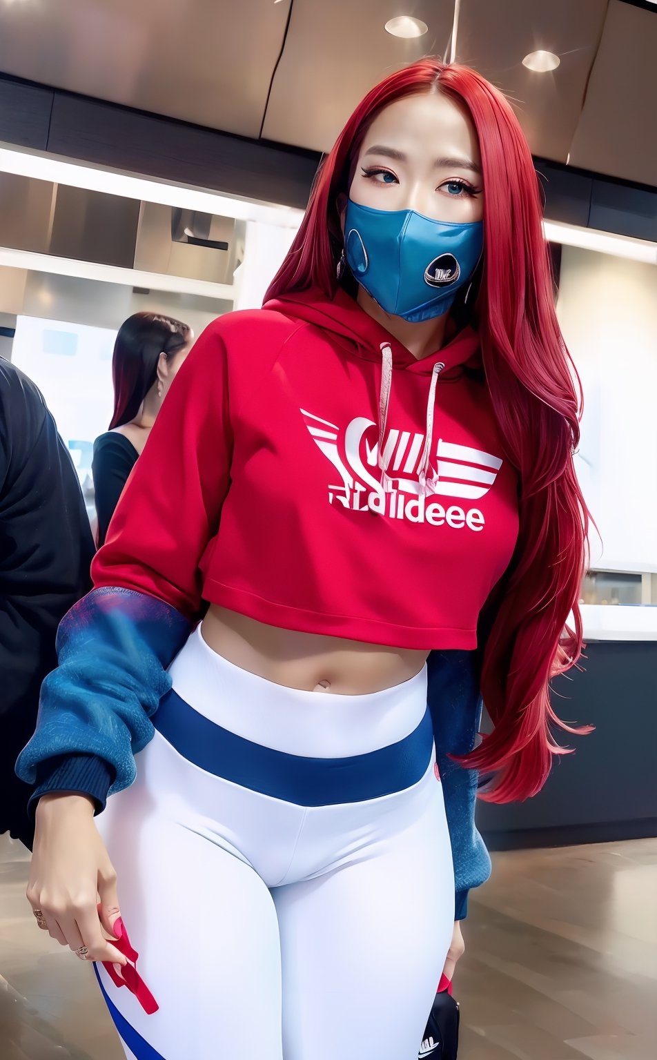 masterpiece , best quuality, 1 girl, delicate, masterpiece, beautiful detailed, long red hair , random colorful, finely detailed, detailed lips, intricate details, shiny skin, big breasts, Korean girl with long red hair and blue eyes Wear a white Adidas cropped long-sleeved hoodie. Red Nike tight pants white nike shoes Standing in a Nike store,Young beauty spirit ,face JeeSoo,wonder beauty 