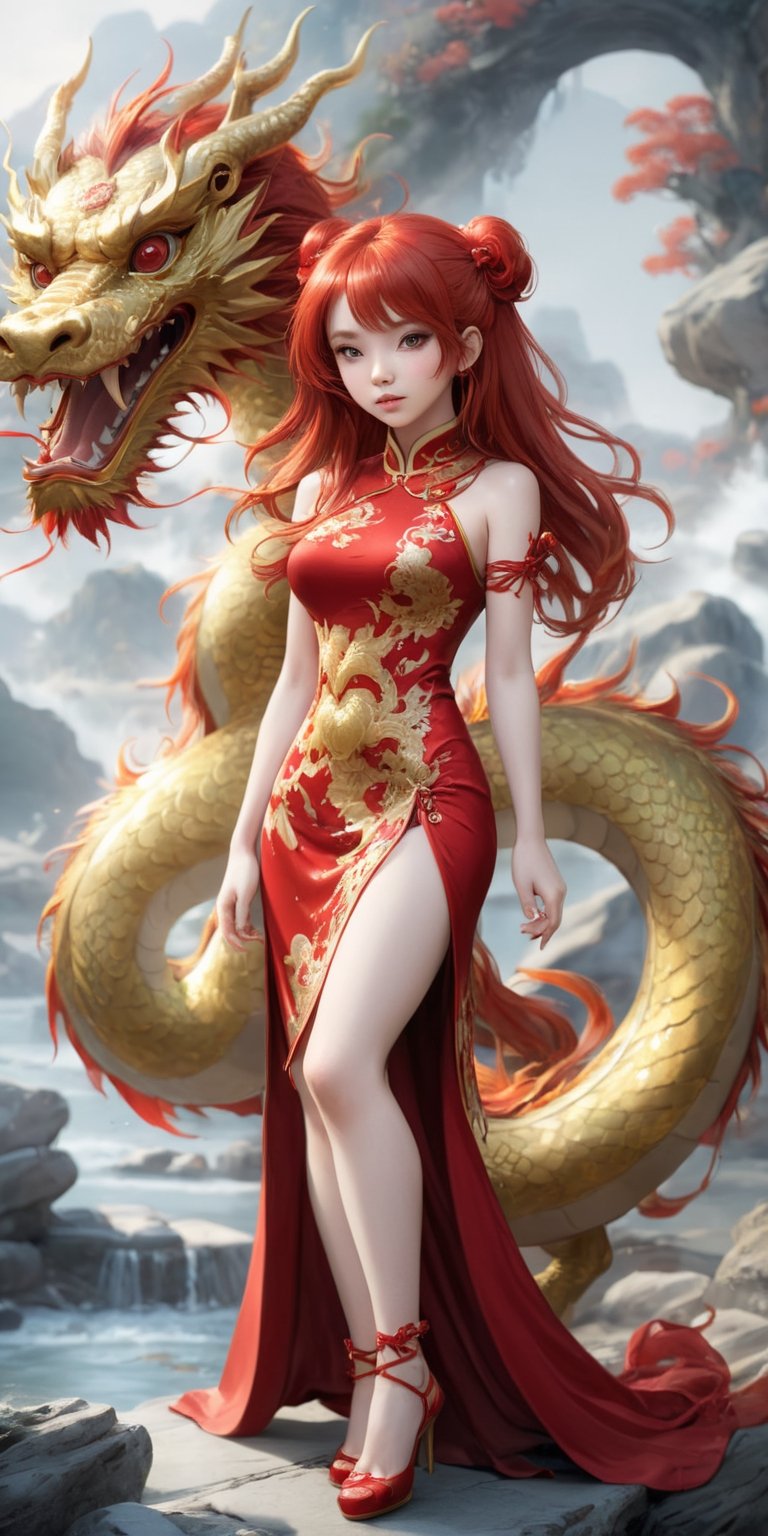 dragonyear, gold dragon-themed, 
Qipao ,1 girl, full body:1.1, (masterful),long red hair, detailed and intricate, , Glass Elements, looking_at_viewer, chinese girls, goth person, sfw, complex background, rock_2_img, bg_imgs, quality 32k,uhd, 