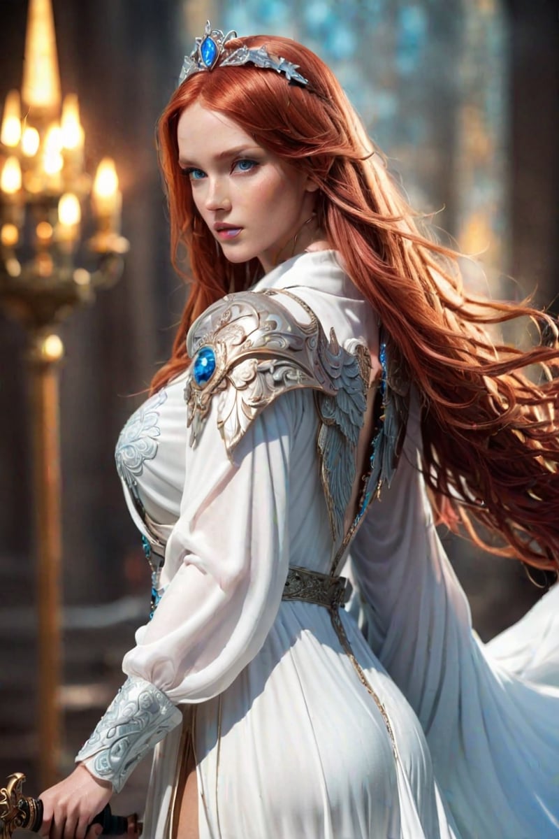 cosplay style,woman, angel long red  hair and blue eyes, she is wearing a jewelled tiara, she holds  glowing engraved sword in right hand,  elegant white robes, detailed illustration, digital art, overdetailed art, concept art,sharp focus,(ultra beautyfull & details eyes & face), full character,full body art,extreme  body,dynamic pose,[((dynamic pose with cancer,[rear view,close-up],))] character concept, long hair, full body sexy shot, highly saturated colors,fantasy character, detailed illustration, hd, 8k, digital art, Dan Mumford, Krzysztof Maziarz, trending on artstation
,AngelicStyle