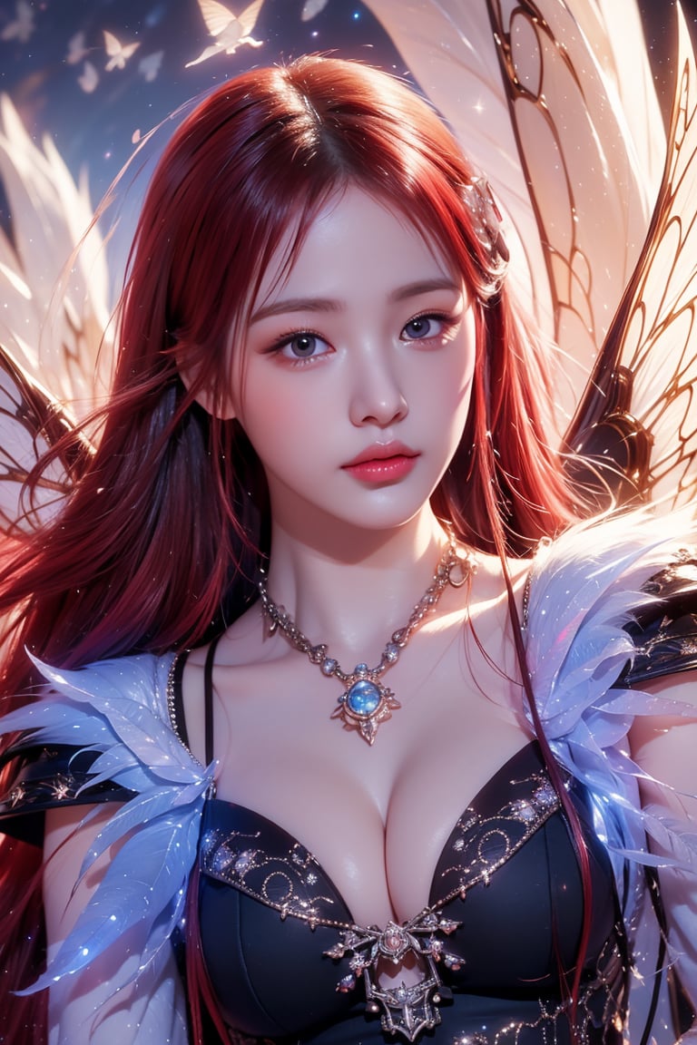 ((best quality)), ((masterpiece)), (detailed), alluring succubus, ethereal beauty,((red hair)),((hime cut))perched on a cloud, (fantasy illustration:1.3), enchanting gaze, captivating pose, delicate wings, otherworldly charm, mystical sky, (Luis Royo:1.2), (Yoshitaka Amano:1.1), moonlit night, soft colors, (detailed cloudscape:1.3), (high-resolution:1.2),Enhance