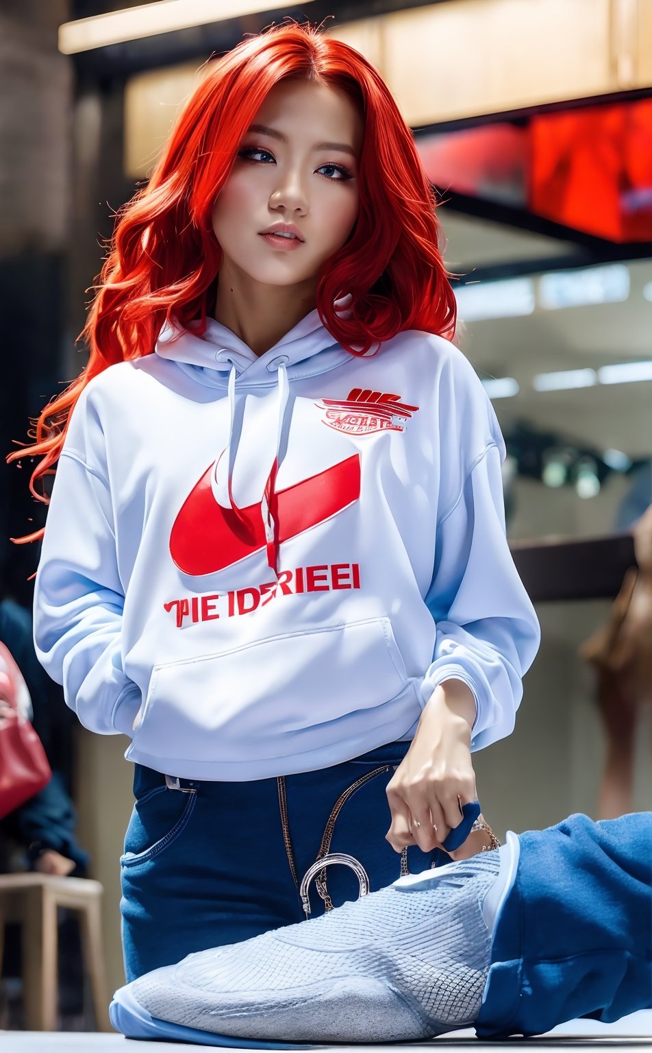 masterpiece , best quuality, 1 girl, delicate, masterpiece, beautiful detailed, long red hair , random colorful, finely detailed, detailed lips, intricate details, shiny skin, big breasts, Korean girl with long red hair and blue eyes Wear a white Adidas cropped long-sleeved hoodie. Red Nike tight pants white nike shoes Standing in a Nike store,Young beauty spirit ,face JeeSoo,wonder beauty 