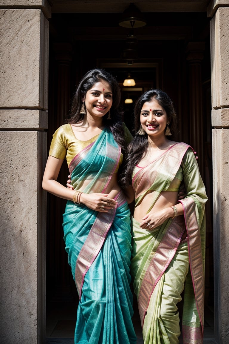 detailed_background , 32k , 8k , masterpiece , high_resolution , beautiful , black_long_hairs ,women wearing indian ornaments, standing near temple
happy laugh must be traditional full saree, the saree should be full of work with bridal designs, full blouse, saree must be like Seethas saree like south Indian wear
saree colour must be dark green