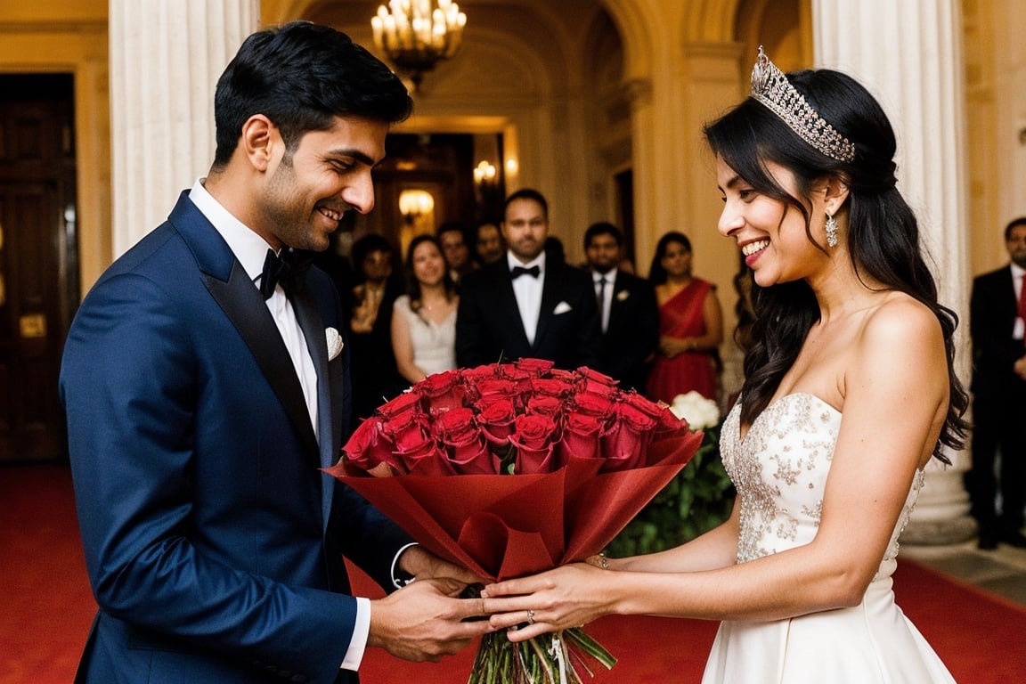 A london beautiful queen proposing an Indian man. she is giving red roses to him and crying for his love.