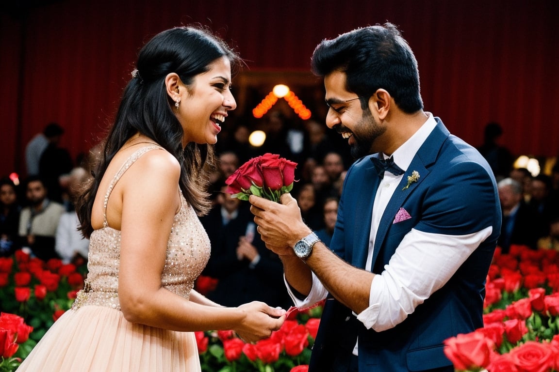 A london beautiful girl proposing an Indian man who is like victory venkatesh. she is giving red roses to him and crying for his love