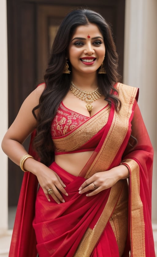  beautiful chubby and curvy, big boobs, big cleavage, detailed_background , 32k , 8k , masterpiece , high_resolution , beautiful , black_long_hairs ,women wearing indian ornaments, standing near temple
happy laugh must be traditional full saree, the saree should be full of work with bridal designs, full blouse, saree must be like Seethas saree like south Indian wear. black round bindi on cheek
