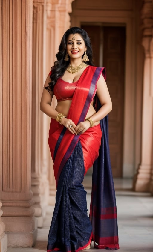  beautiful chubby and curvy, big boobs, big cleavage, detailed_background , 32k , 8k , masterpiece , high_resolution , beautiful , black_long_hairs ,women wearing indian ornaments, standing near temple
happy laugh must be traditional full saree, the saree should be full of work with bridal designs, full blouse, saree must be like Seethas saree like south Indian wear. black round black bindi on left cheek