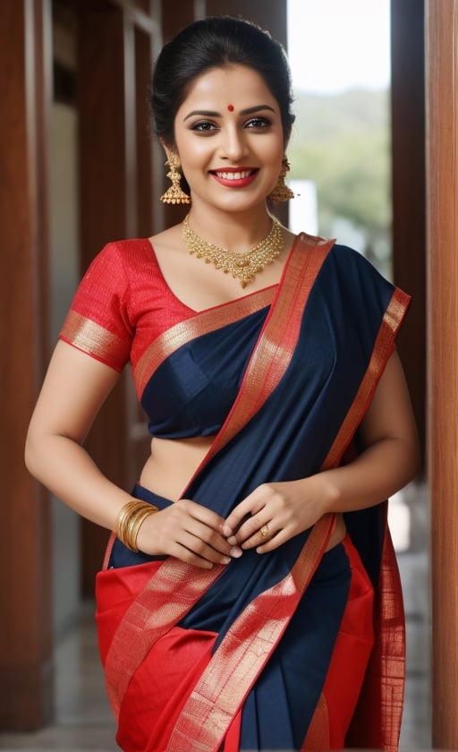  beautiful chubby and curvy, big boobs, big cleavage, detailed_background , 32k , 8k , masterpiece , high_resolution , beautiful , black_long_hairs ,women wearing indian ornaments, standing near temple
happy laugh must be traditional full saree, the saree should be full of work with bridal designs, full blouse, saree must be like Seethas saree like south Indian wear. black round design on left cheek, black round black tatto on left cheek, no free hair