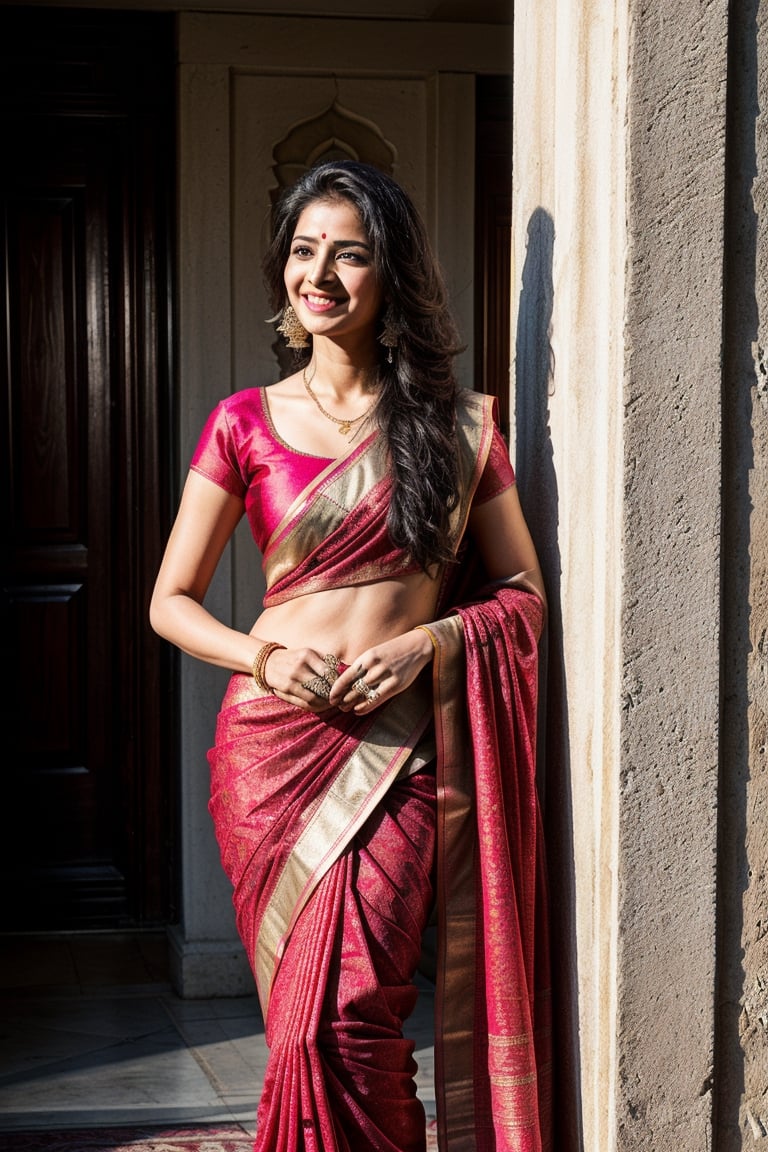 detailed_background , 32k , 8k , masterpiece , high_resolution , beautiful , black_long_hairs ,women wearing indian ornaments, standing near temple
happy laugh must be traditional full saree, the saree should be full of work with bridal designs, full blouse, saree must be like Seethas saree like south Indian wear
saree colour must be pink