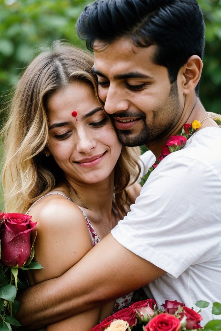 European beautiful cute BLONDE girl hugs a man holding RED roses and tears coming out of her eyes proposing an Indian man.
Emotional Picture 
TEARS FROM HER EYES SHOULD BE PRESENT, LITTLE CRYING FACE