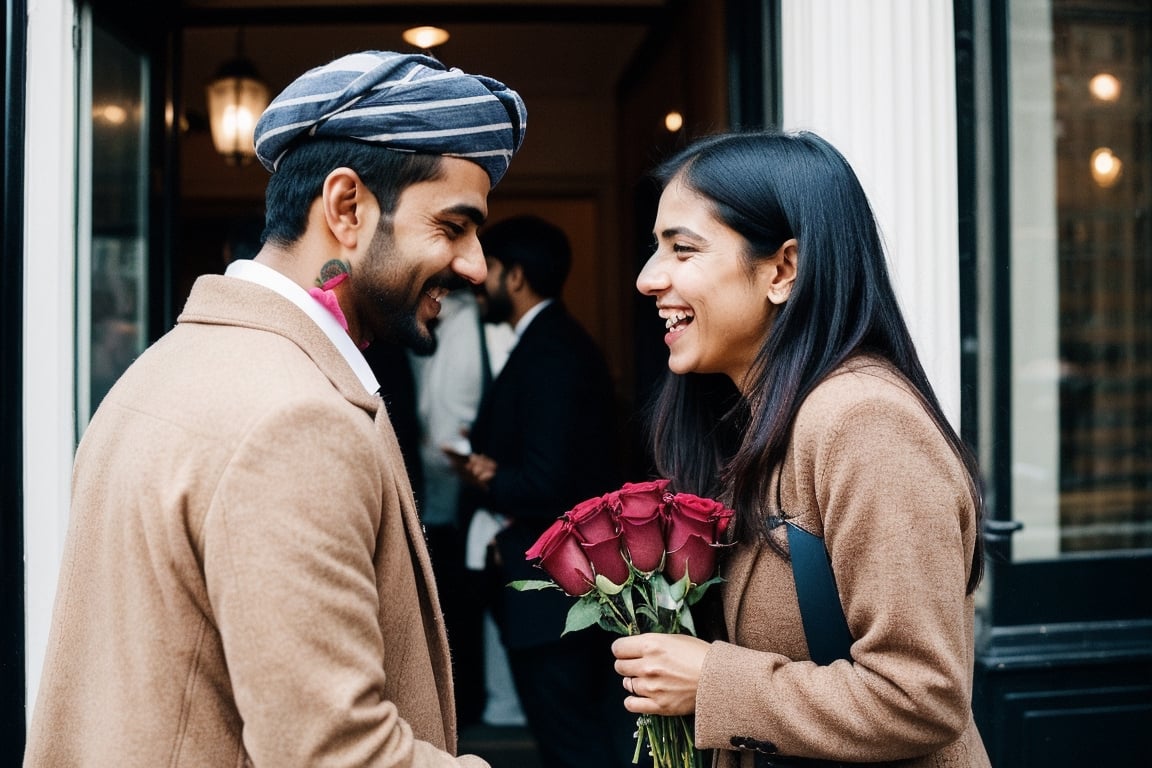 A london beautiful girl proposing an Indian man. she is giving red roses to him and crying for his love