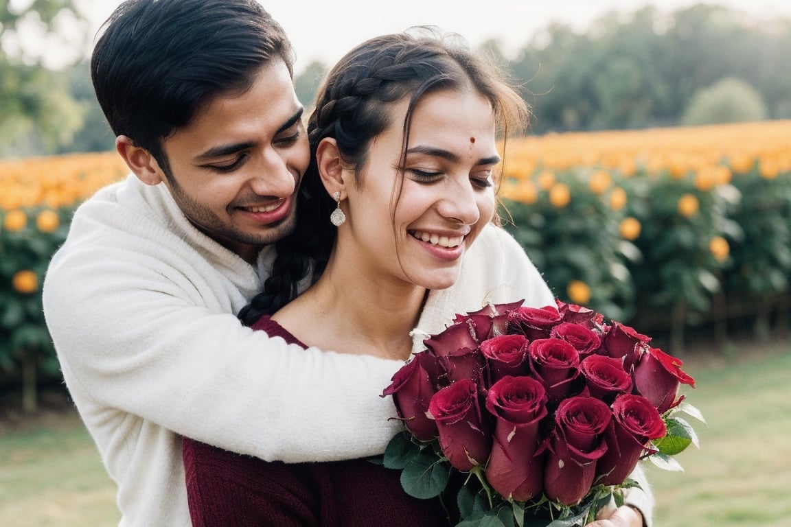 European beautiful cute BLONDE girl (BRAID) hugs a man holding RED roses and tears coming out of her eyes proposing an Indian man, with crying face
Emotional Picture 
