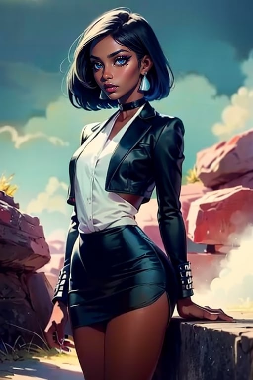 (Best quality, 32k, Masterpiece, HDR:1.2, UHD:1.2), african girl, looking at the camera, long jacket, very short skirt, black leather accessories, black leather choker on the neck, platinum dyed straight hair, dark eyes, natural_makeup, realistic makeup, ((smokey eyes)), long eyelashes, ((long fancy eyeliner)), rounded breasts 32E, detailed natural real skin texture,dark skin, wide hips, thick thighs, big ass, cinematic shot, dynamic lighting, 75mm, Technicolor, Panavision, cinemascope, sharp focus, fine details, realism, realistic, key visual, film still, cinematic color grading, depth of field, intricate details, hyper details, perfect composition, perfect anatomy, epic, 
