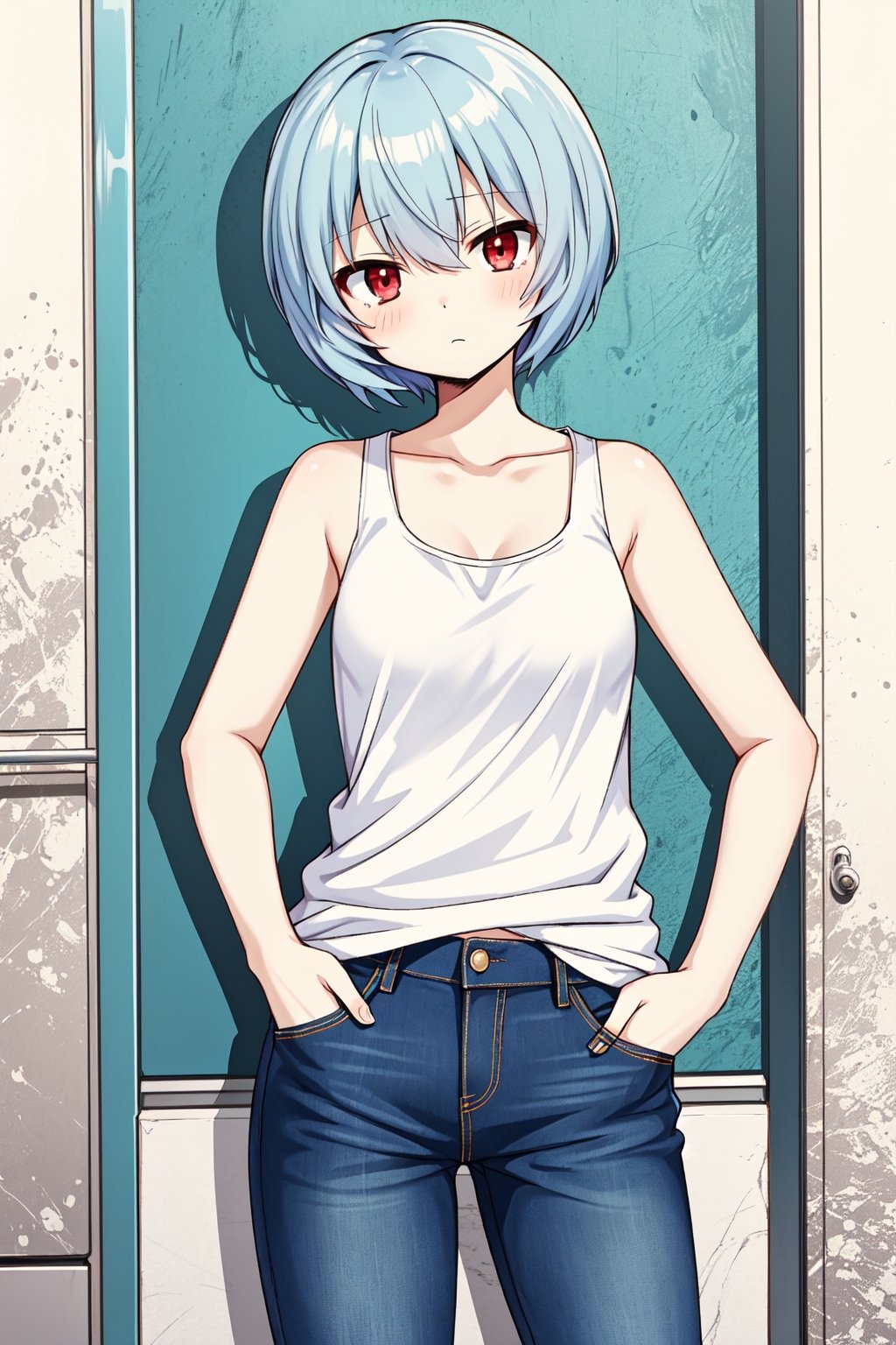 Solo, cute lady, ayanami rei, short hair, red eyes, tank top, jeans, cowboy shot, facing viewer, head tilt, hands in pockets