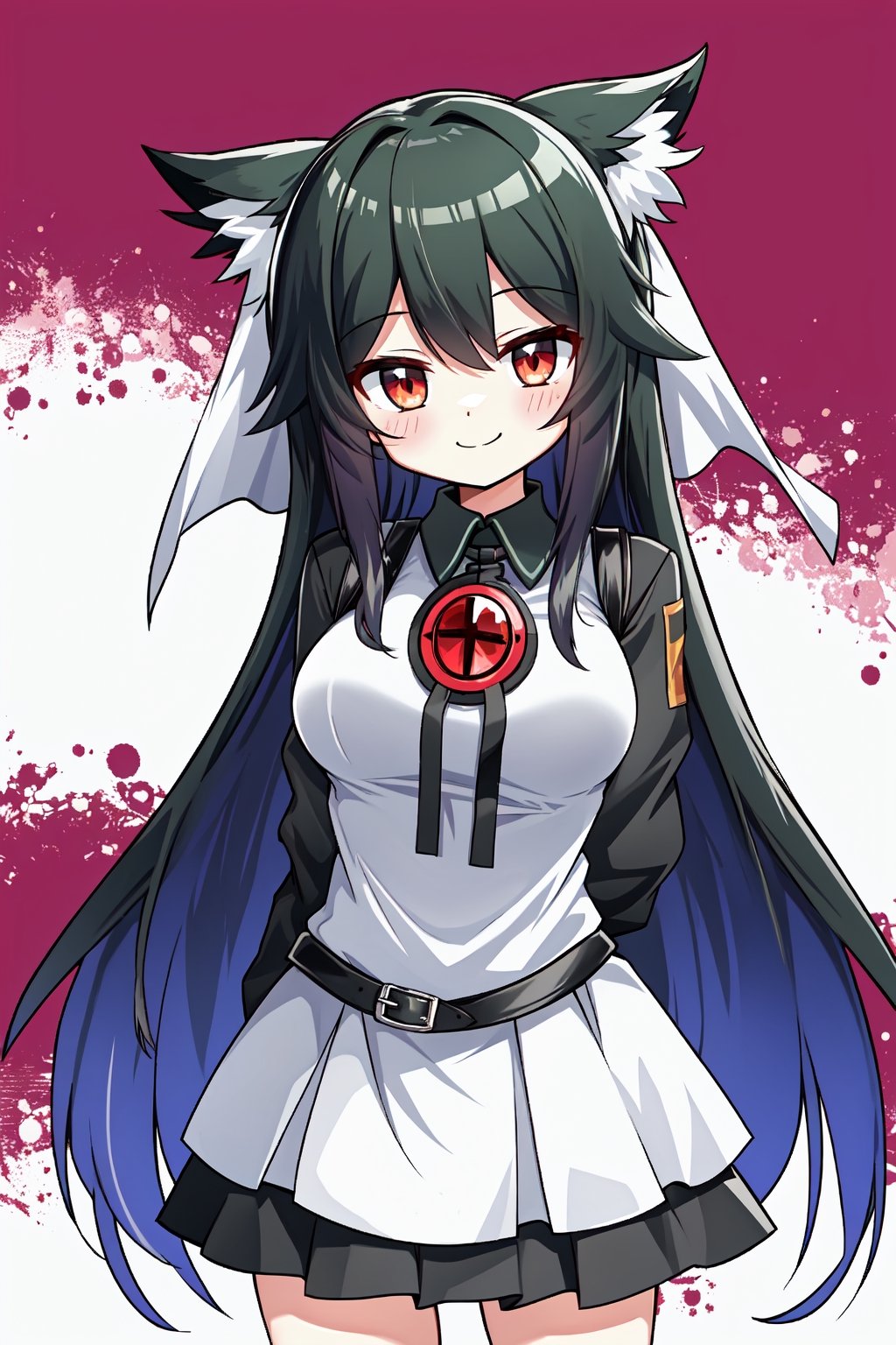 arknights, solo, cute lady, reiuji utsuho, cowboy shot, closed mouth, smile, arms behind back