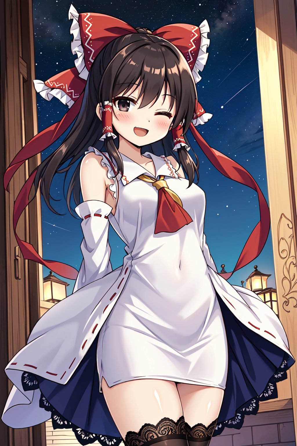 Solo, cute lady, (hakurei reimu), black eyes, one eye closed, (elegant dress:1.3), (tight dress), (lace trimmed dress), thighhighs, blush, open mouth, smile, (facing viewer, arms behind back), cowboy shot, night sky