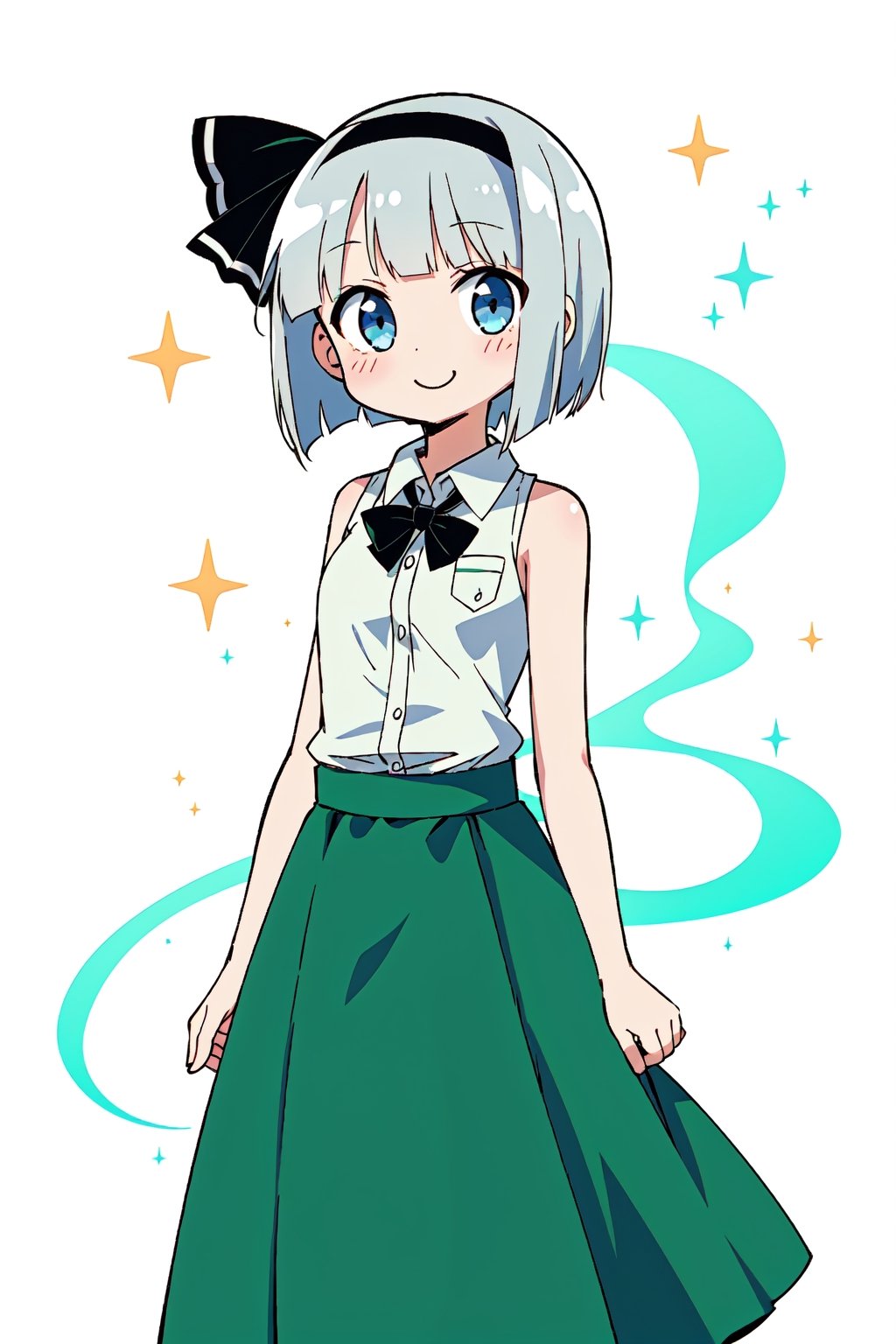 1girl, konpaku youmu, ghost, cute, cheerful, silly, sleeveless, shirt, (long skirt), standing, cowboy shot, sparkle 