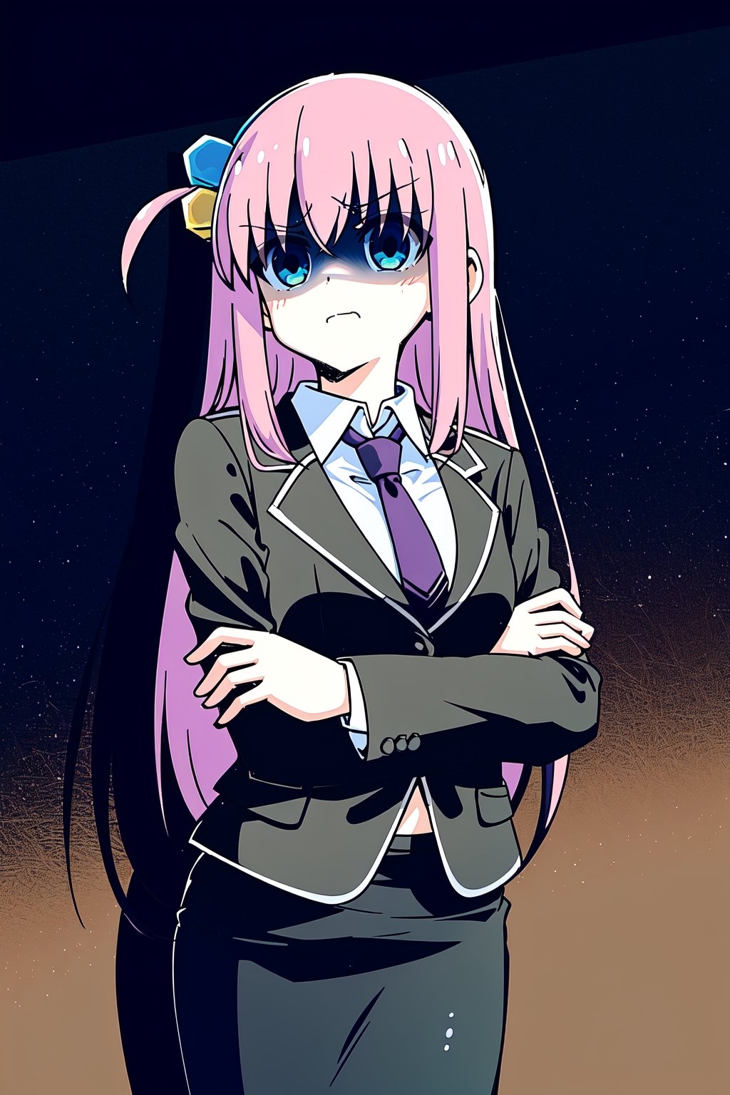 1girl, gotou hitori, medium breasts, shaded face, serious, angry, ((blazer, blouse, necktie, pencil_skirt)), standing, cowboy shot, crossed arms