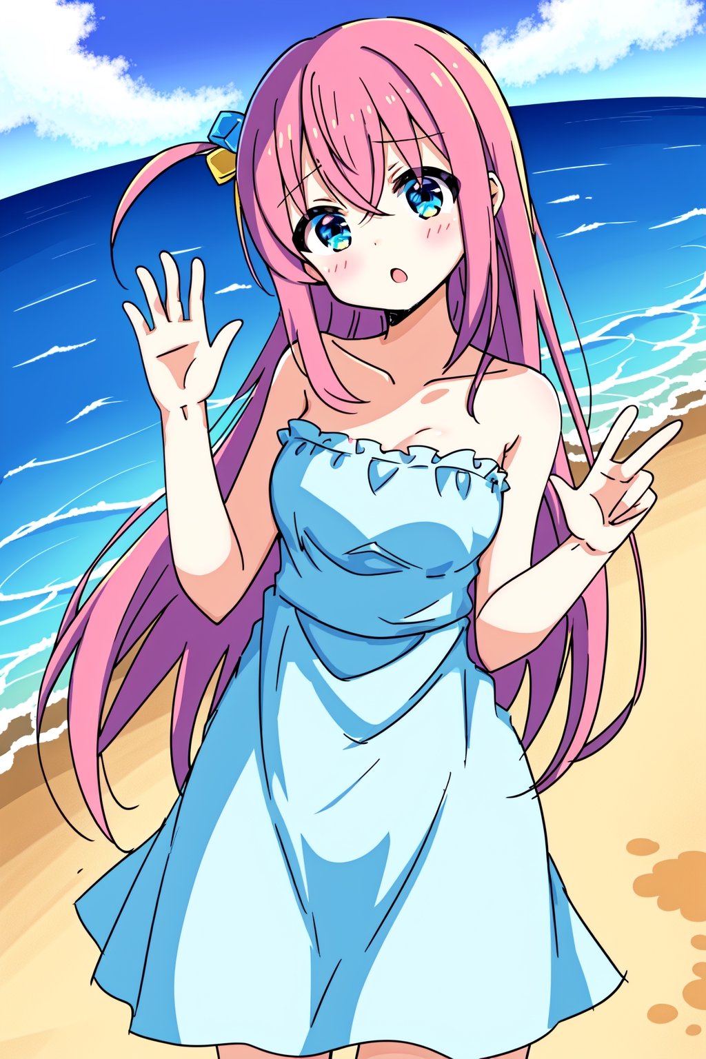 1girl, gotou hitori, medium breasts, cute, :o, head tilt, ((sundress, strapless, sleeveless)), standing, cowboy shot, waving, beach