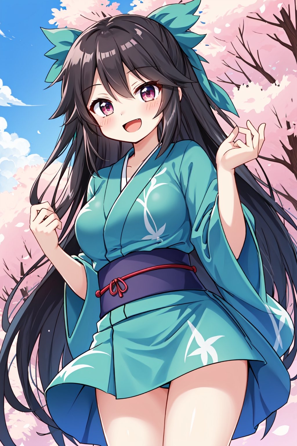 solo, cute lady, reiuji utsuho, cowboy shot, yukata, open mouth, smile, cherry blossoms 