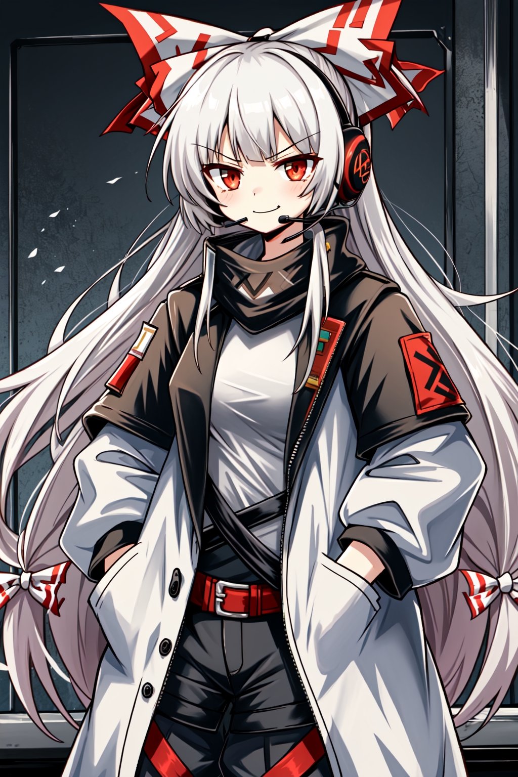 (arknights:1.3), Solo, cute lady, (fujiwara no mokou), angry smile, cowboy shot, headset, blouse, pants, trench coat, hands in pockets