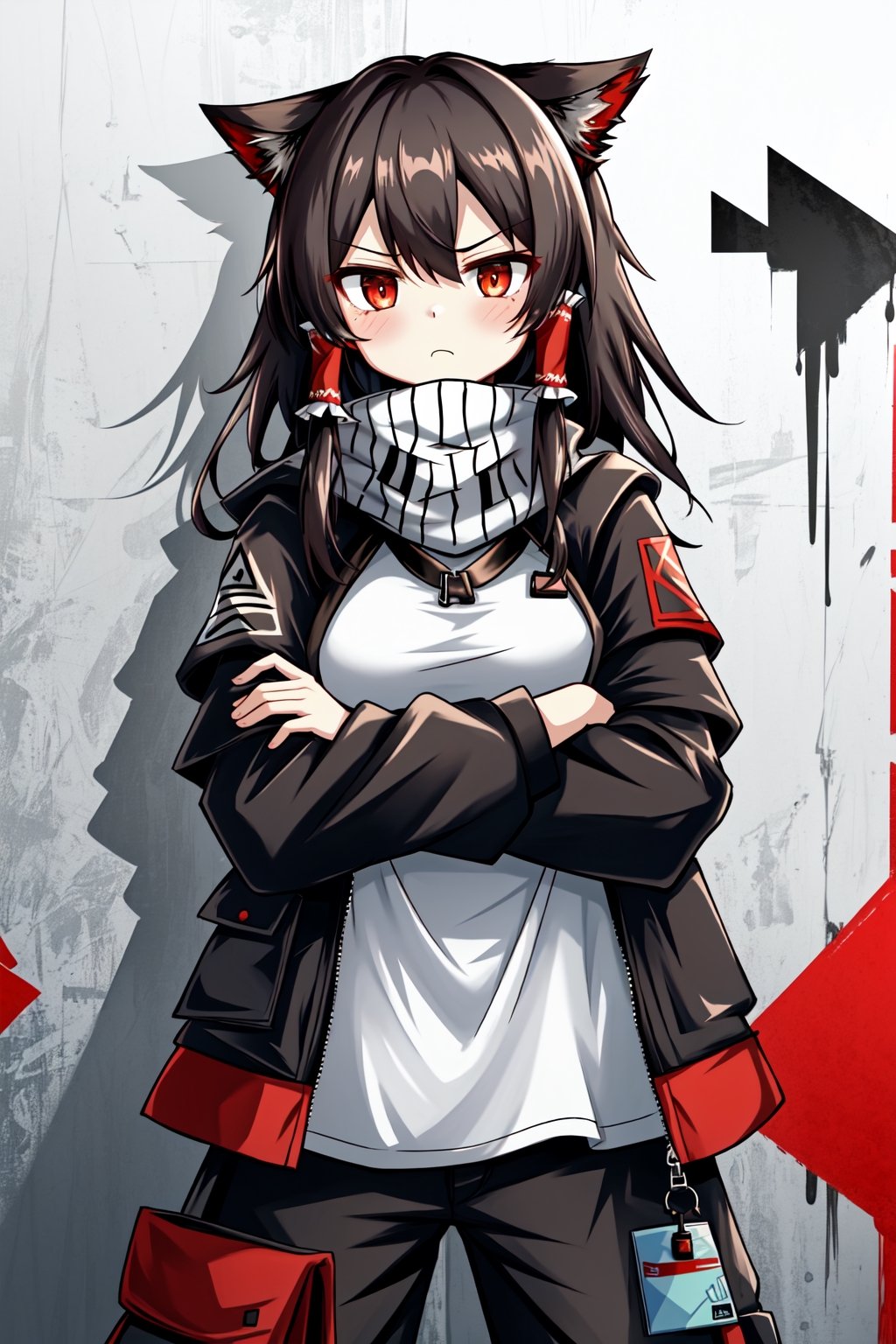 (arknights:1.3), Solo, cute lady, (hakurei reimu), grumpy, crossed arms, cowboy shot, scarf, jacket, undershirts, pants, graffiti background