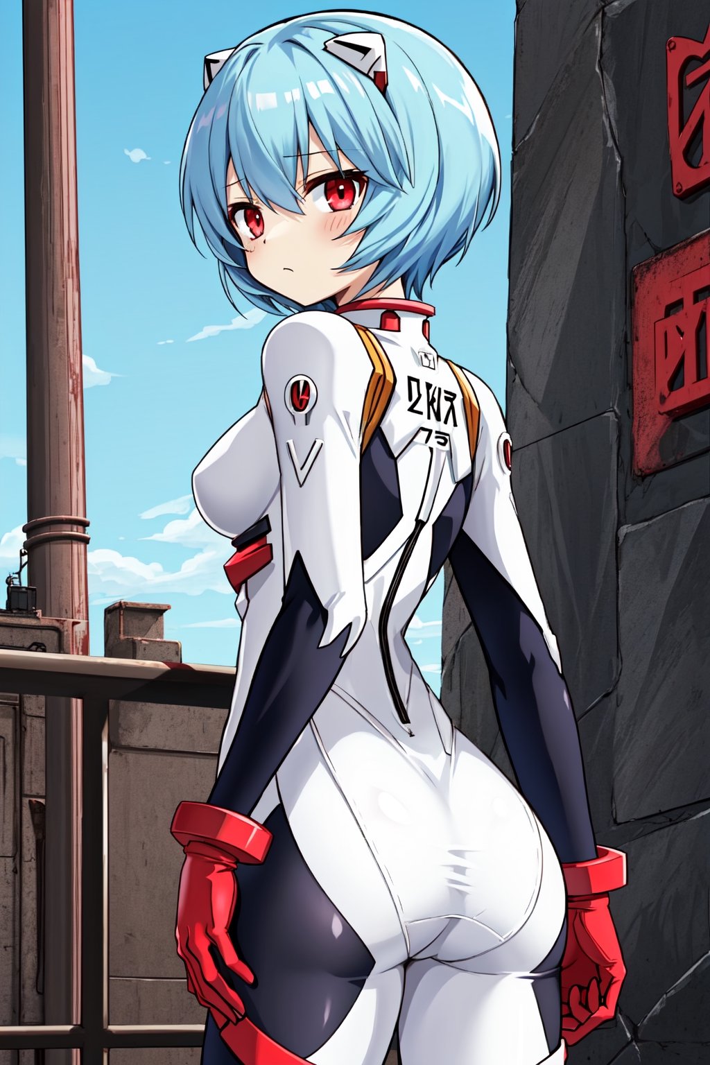 Solo, cute lady, ayanami rei, short hair, red eyes, evangelion plugsuit, cowboy shot, from behind, looking back