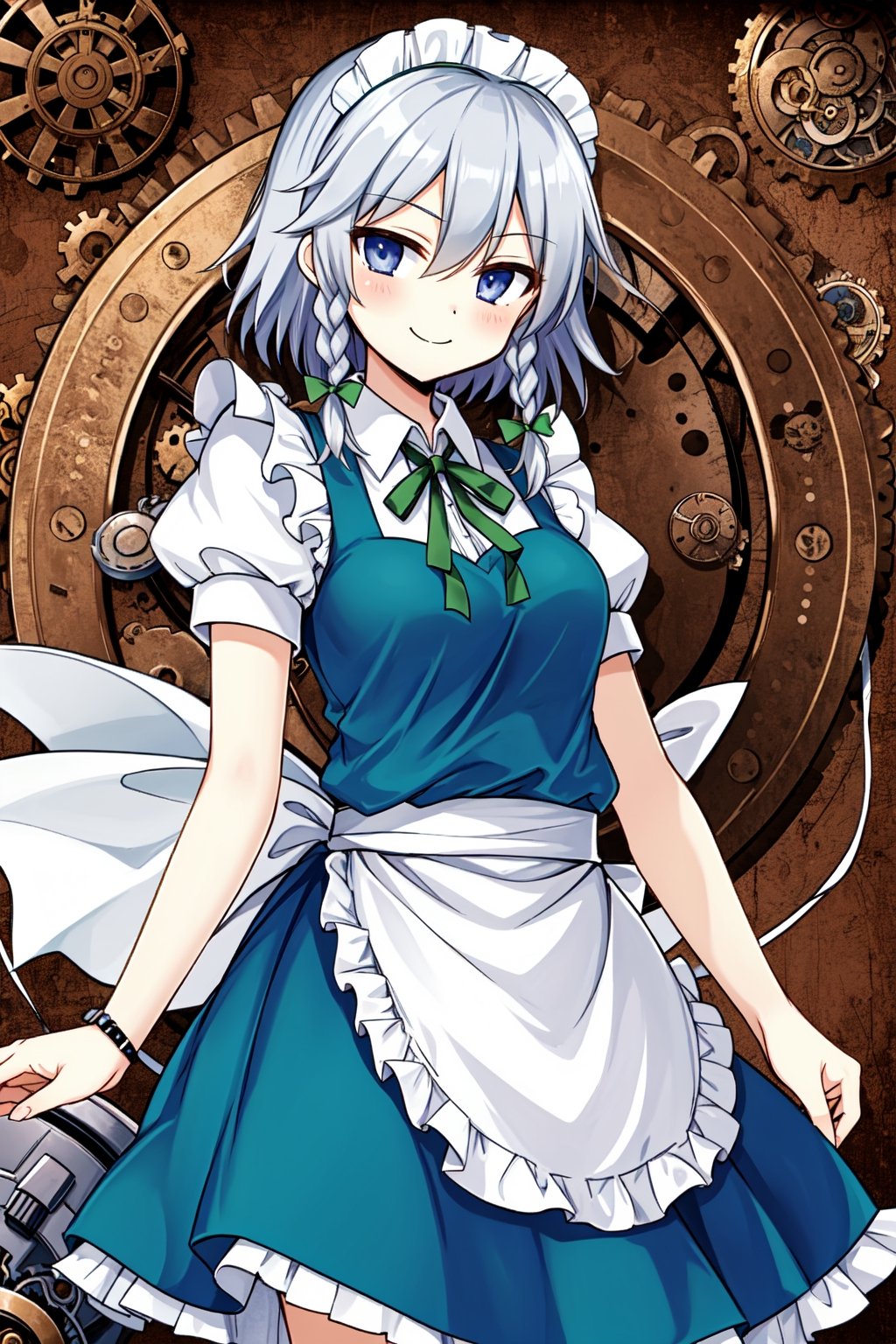 Solo, cute lady, (izayoi sakuya), closed mouth, smile, cowboy shot, (clockwork theme)