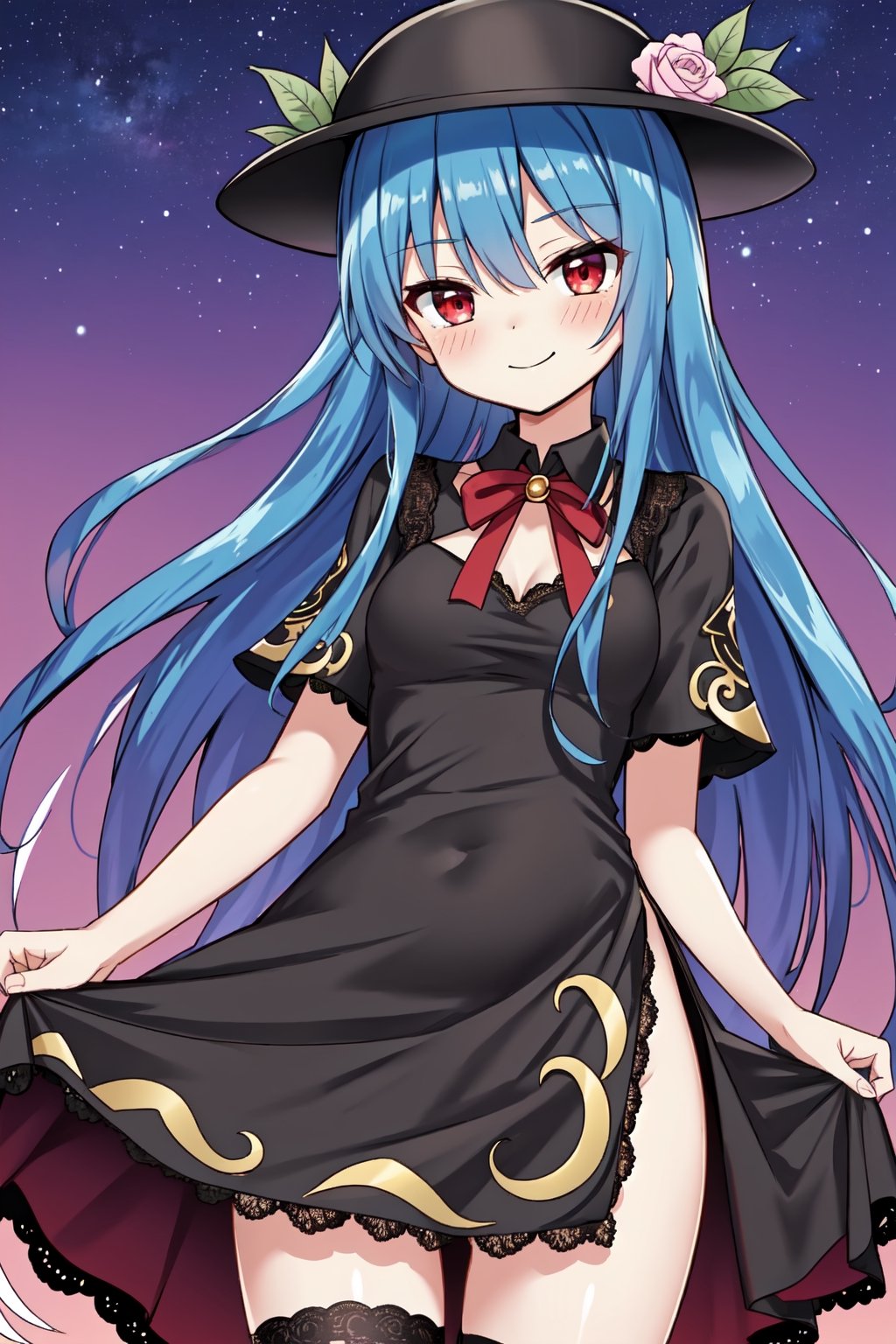 Solo, mature lady, (hinanawi tenshi), red eyes, (elegant dress:1.3), (tight dress), (slit dress), (lace trimmed dress), thighhighs, blush, closed mouth, smile, cowboy shot, night sky