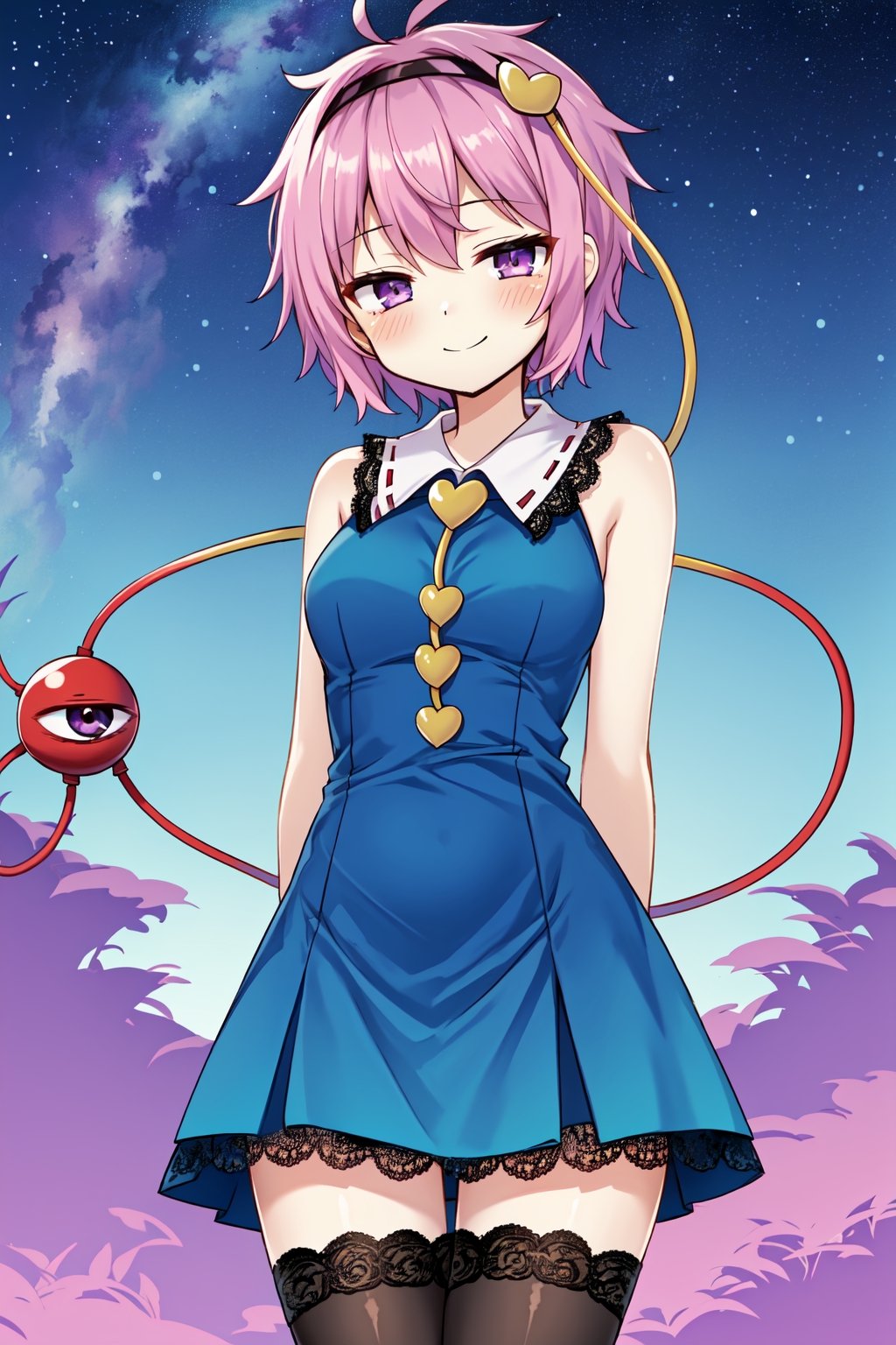 Solo, mature lady, (komeiji satori), medium breasts, purple eyes, half-closed eyes, (elegant dress:1.3), (tight dress), (lace trimmed dress), thighhighs, blush, closed mouth, smile, (facing viewer, arms behind back), cowboy shot, night sky