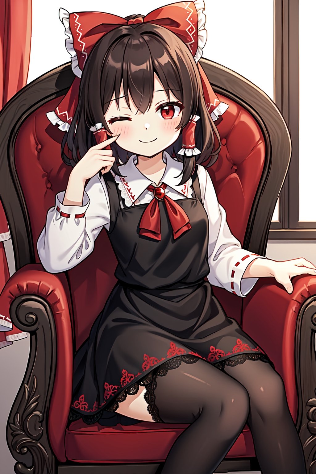 solo, cute lady, reimu, closed mouth, smile, red eyes, one eye closed, ((lace trimmed dress)), tights, sitting, facing viewer, ornate chair