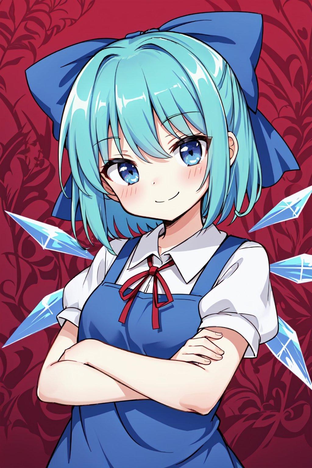 solo, cute lady, cirno, upper body, closed mouth, smile, crossed arms, head tilt